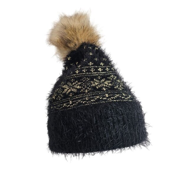 Unbranded Black Metallic Gold Furry Knit Beanie Faux Fur Pom-Pom Unisex OS - Picture 3 of 11